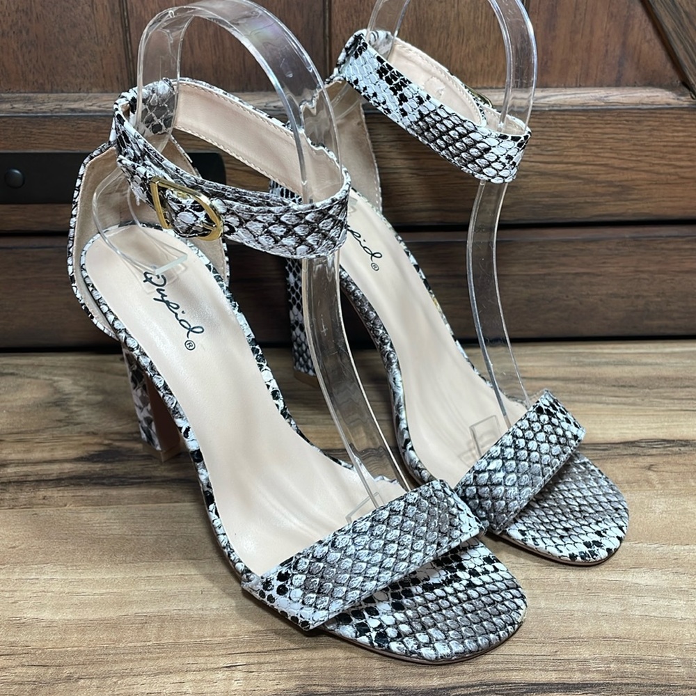 Qupid~Snake Skin Pattern Open Toe Ankle Strap Heels, Size 5.5